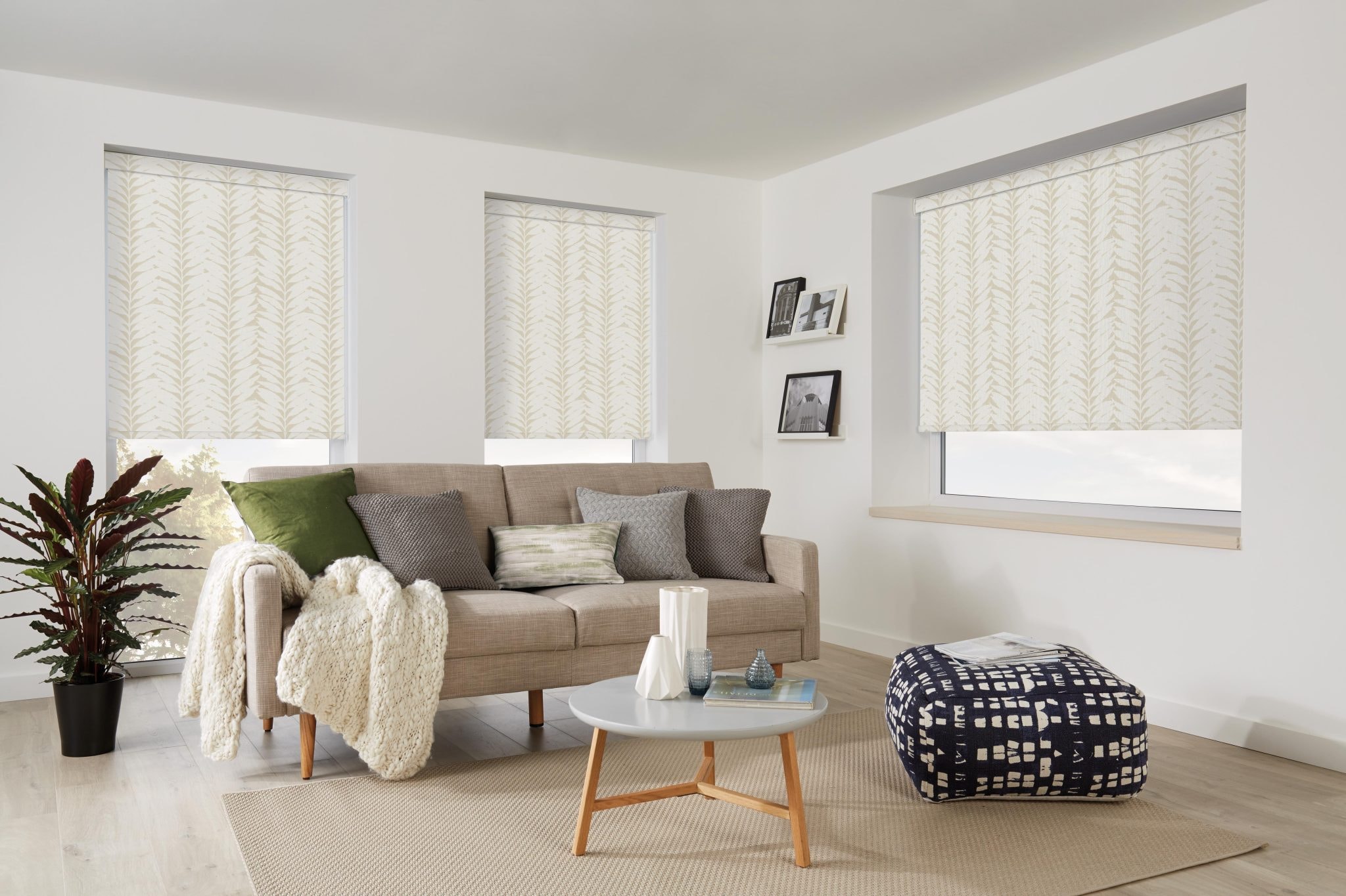 Patterned roller blinds in a bright modern living room